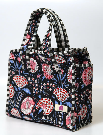 Lunch bag with zipper closure - Red & blue florals on black in gadh print