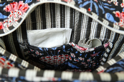 Lunch bag with zipper closure - Red & blue florals on black in gadh print