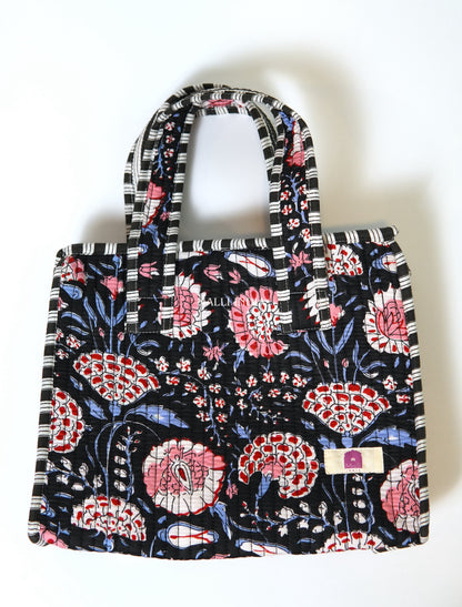 Lunch bag with zipper closure - Red & blue florals on black in gadh print