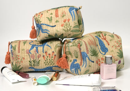 Set of 3 Vanity Pouches - Tropical jungle on beige
