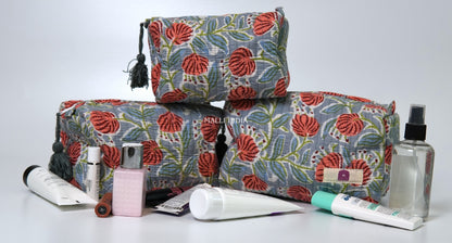 Set of 3 Vanity Pouches - Red poppies on grey