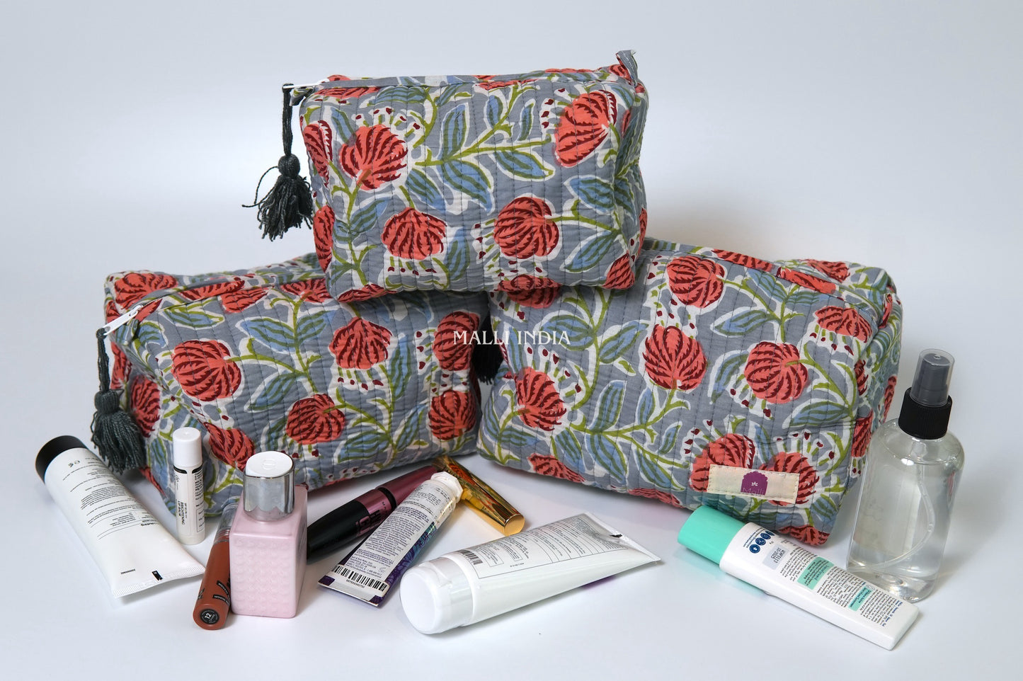 Set of 3 Vanity Pouches - Red poppies on grey