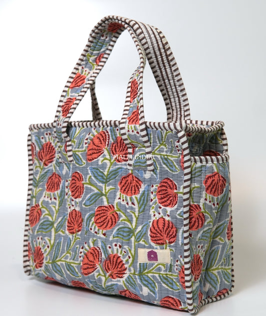Lunch bag with zipper closure - Red poppies on grey