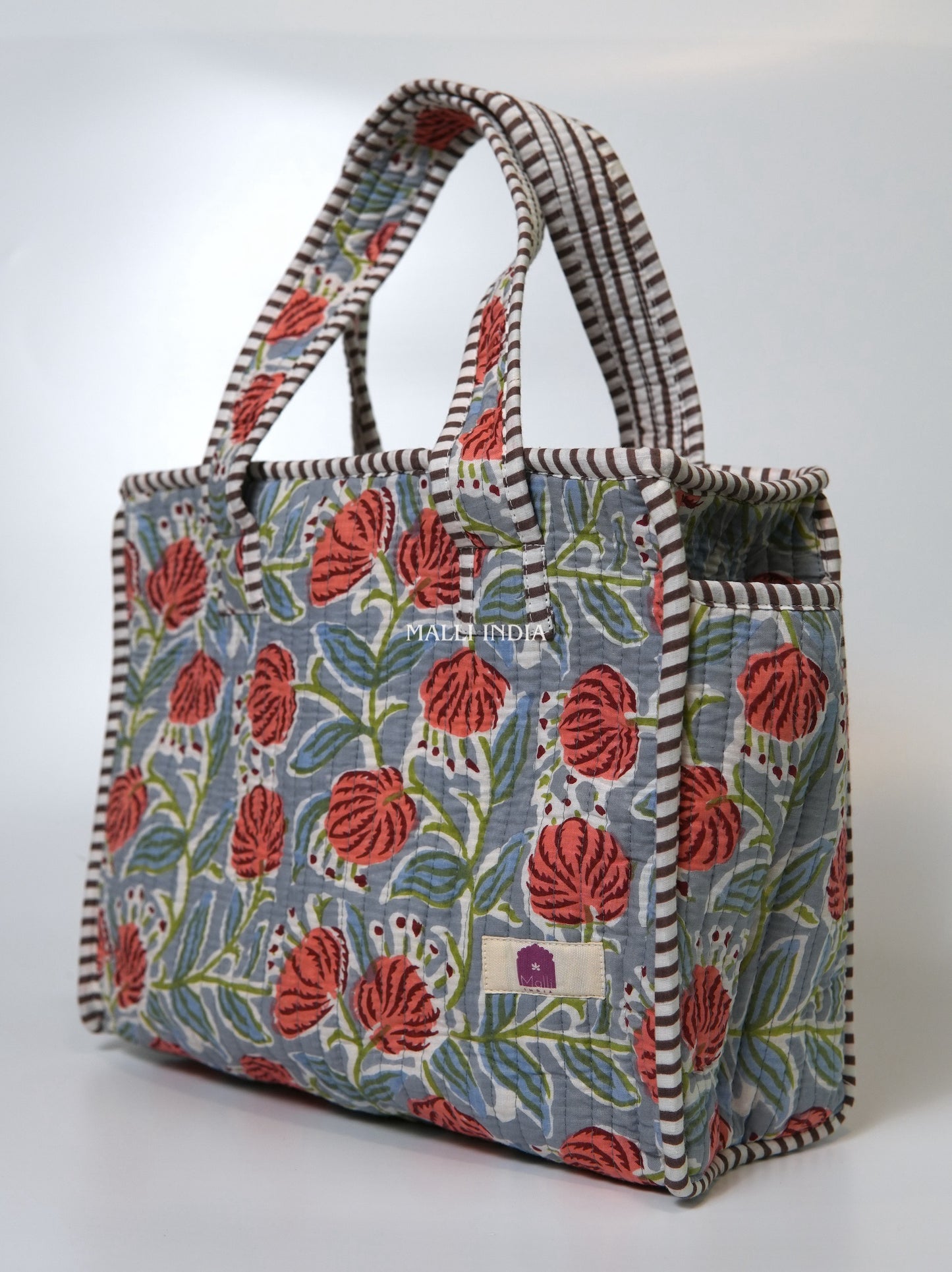 Lunch bag with zipper closure - Red poppies on grey