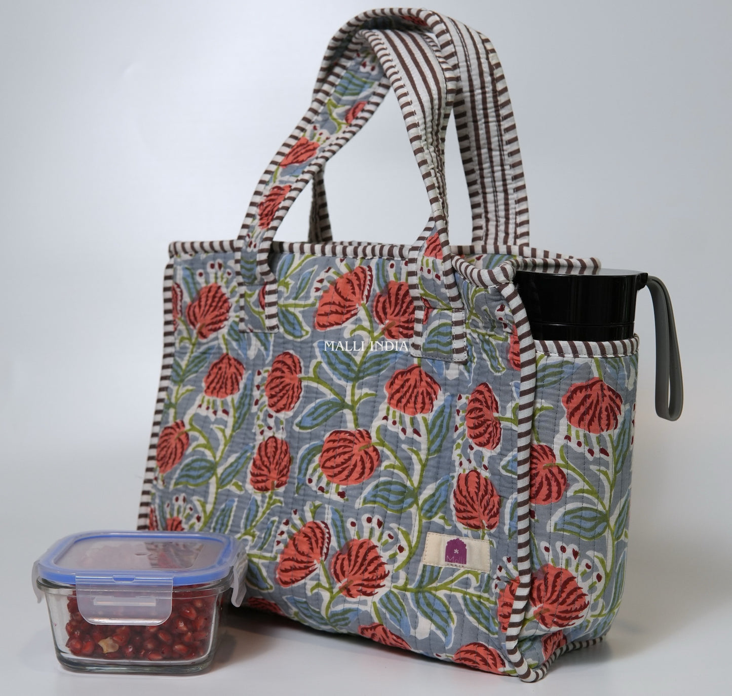Lunch bag with zipper closure - Red poppies on grey