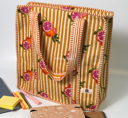 Travel tote bag with zipper closure - Red oranges on yellow stripes