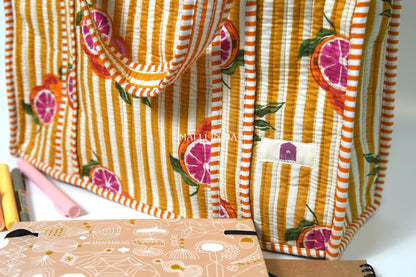 Travel tote bag with zipper closure - Red oranges on yellow stripes