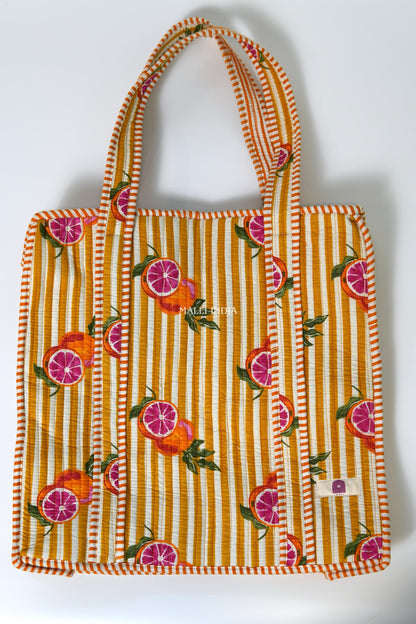 Travel tote bag with zipper closure - Red oranges on yellow stripes