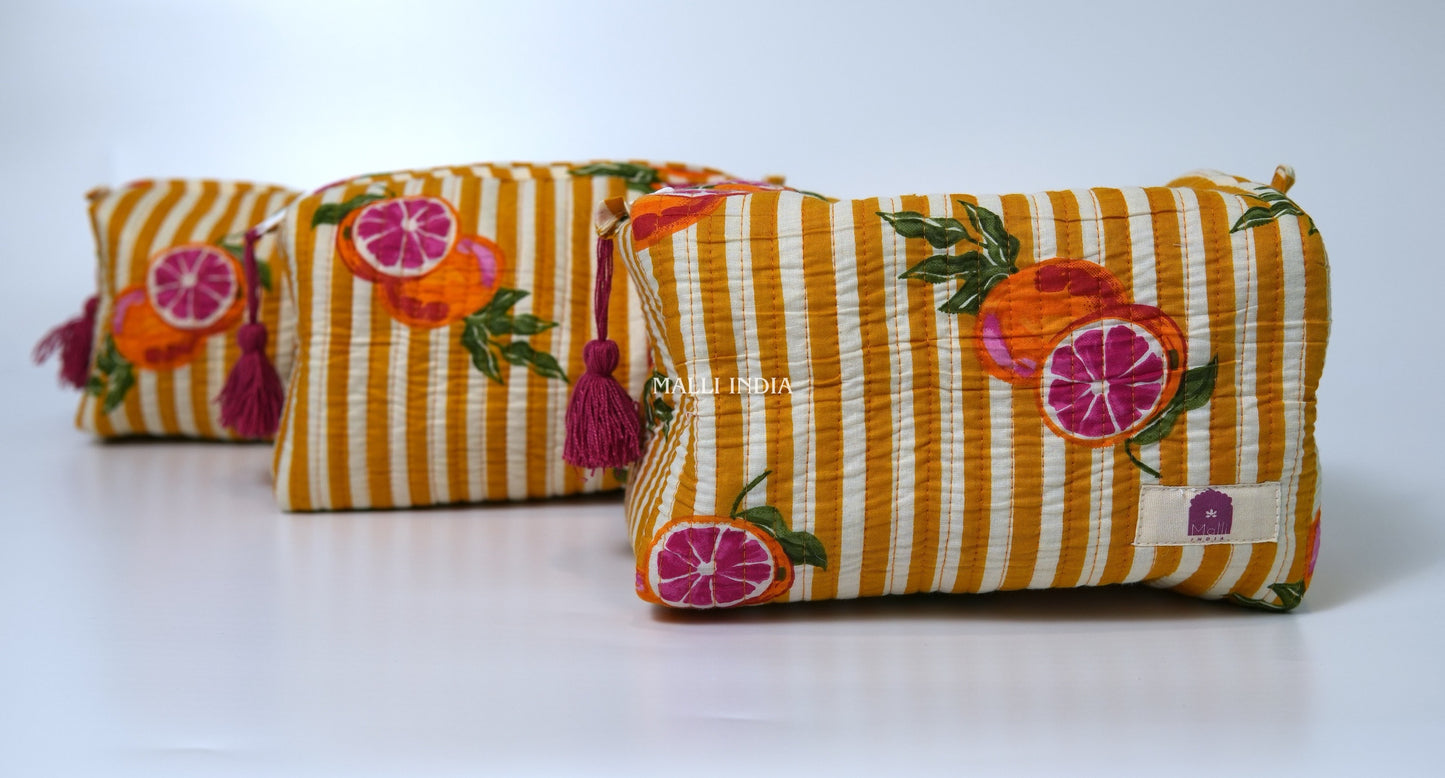 Set of 3 Vanity Pouches - Red oranges on yellow stripes