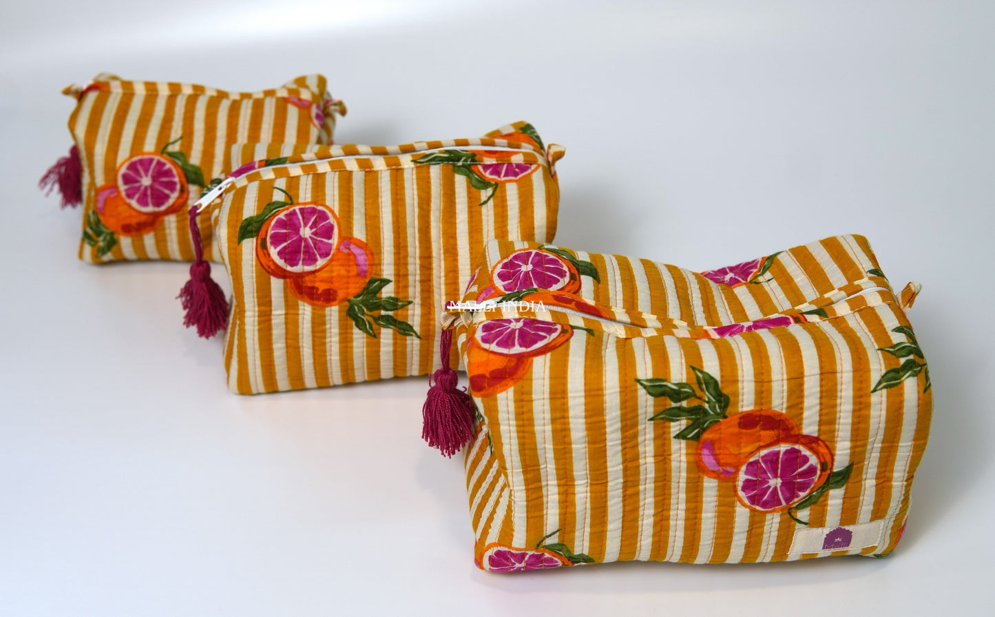 Set of 3 Vanity Pouches - Red oranges on yellow stripes