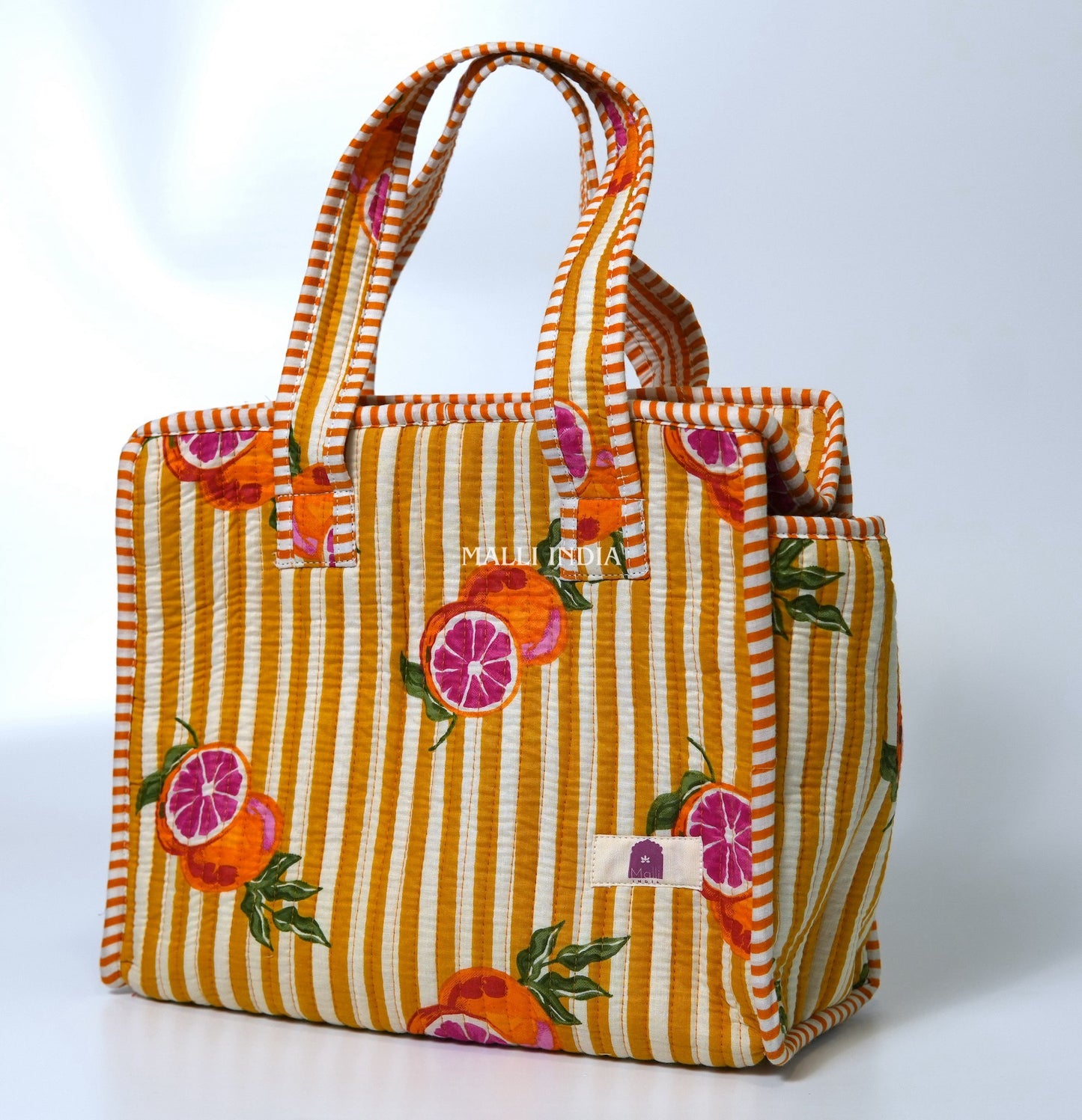 Lunch bag with zipper closure - Red oranges on yellow stripes