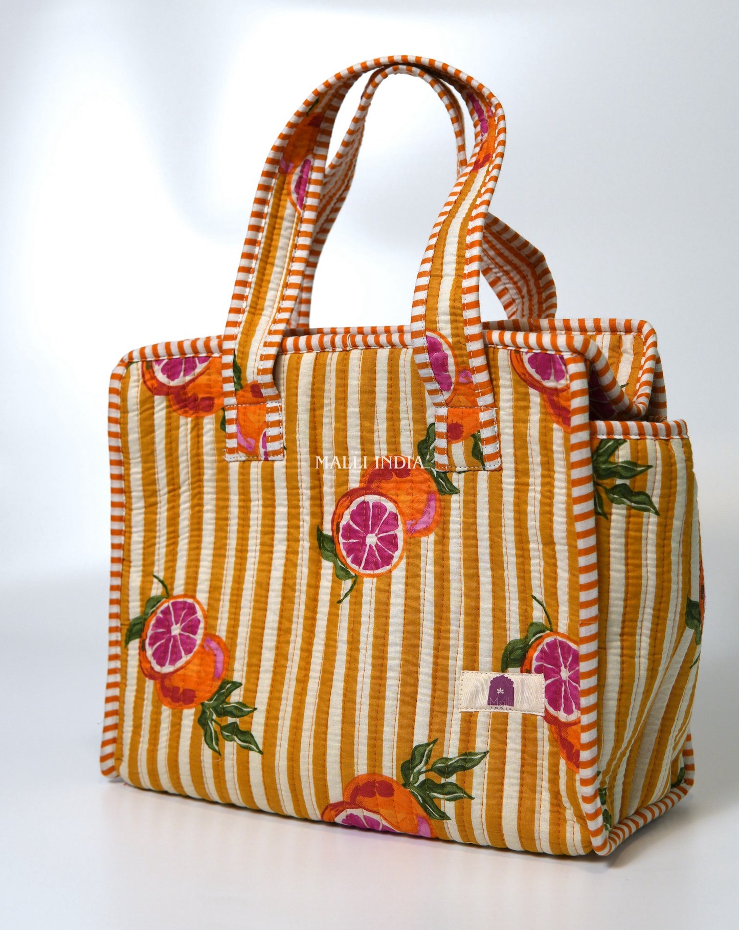 Lunch bag with zipper closure - Red oranges on yellow stripes