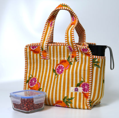 Lunch bag with zipper closure - Red oranges on yellow stripes