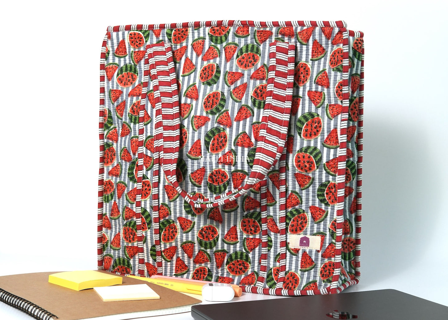 Travel tote bag with zipper closure - Watermelons on grey stripes
