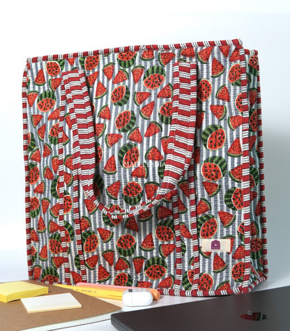 Travel tote bag with zipper closure - Watermelons on grey stripes