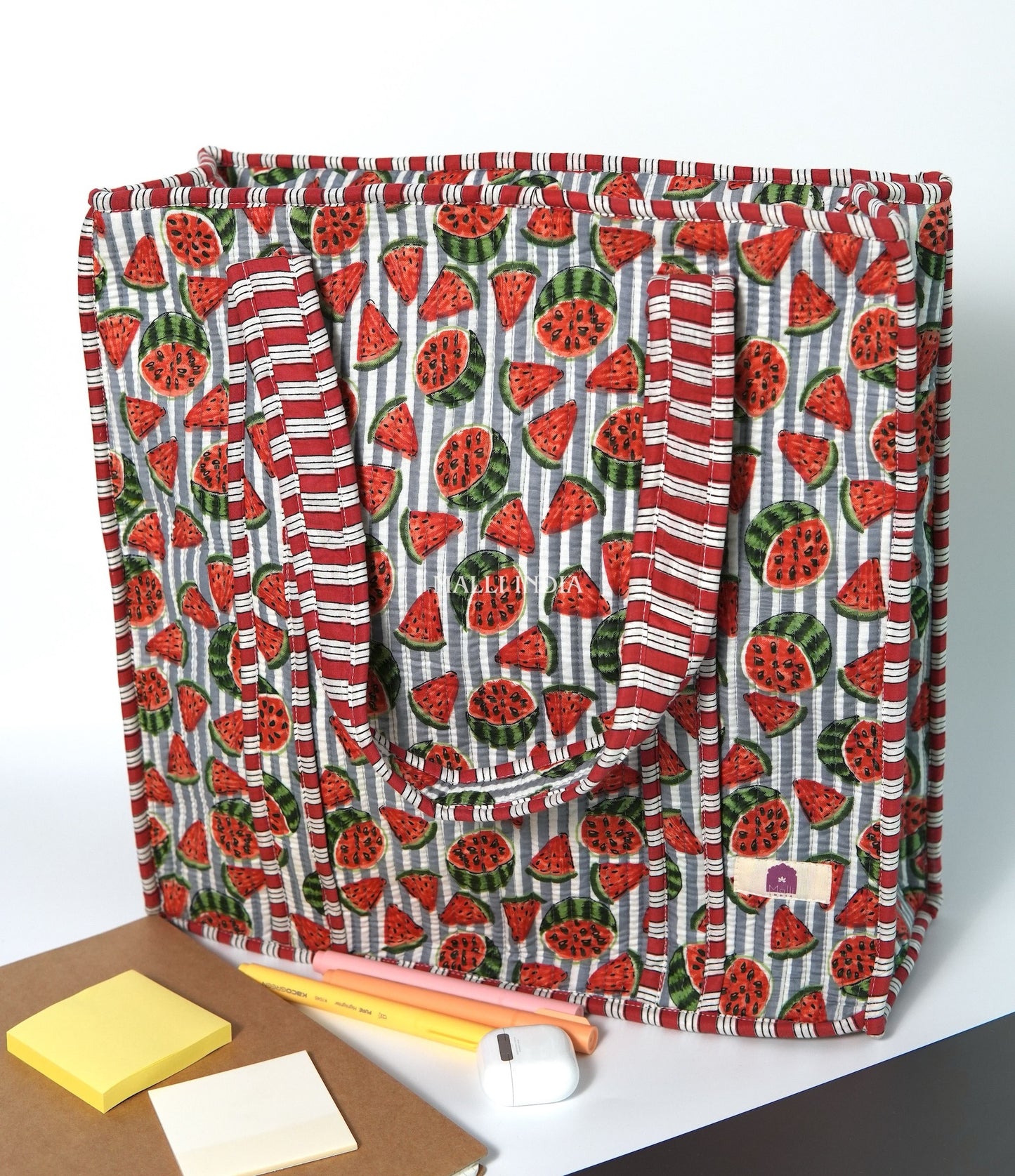 Travel tote bag with zipper closure - Watermelons on grey stripes