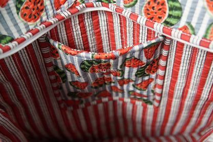 Travel tote bag with zipper closure - Watermelons on grey stripes