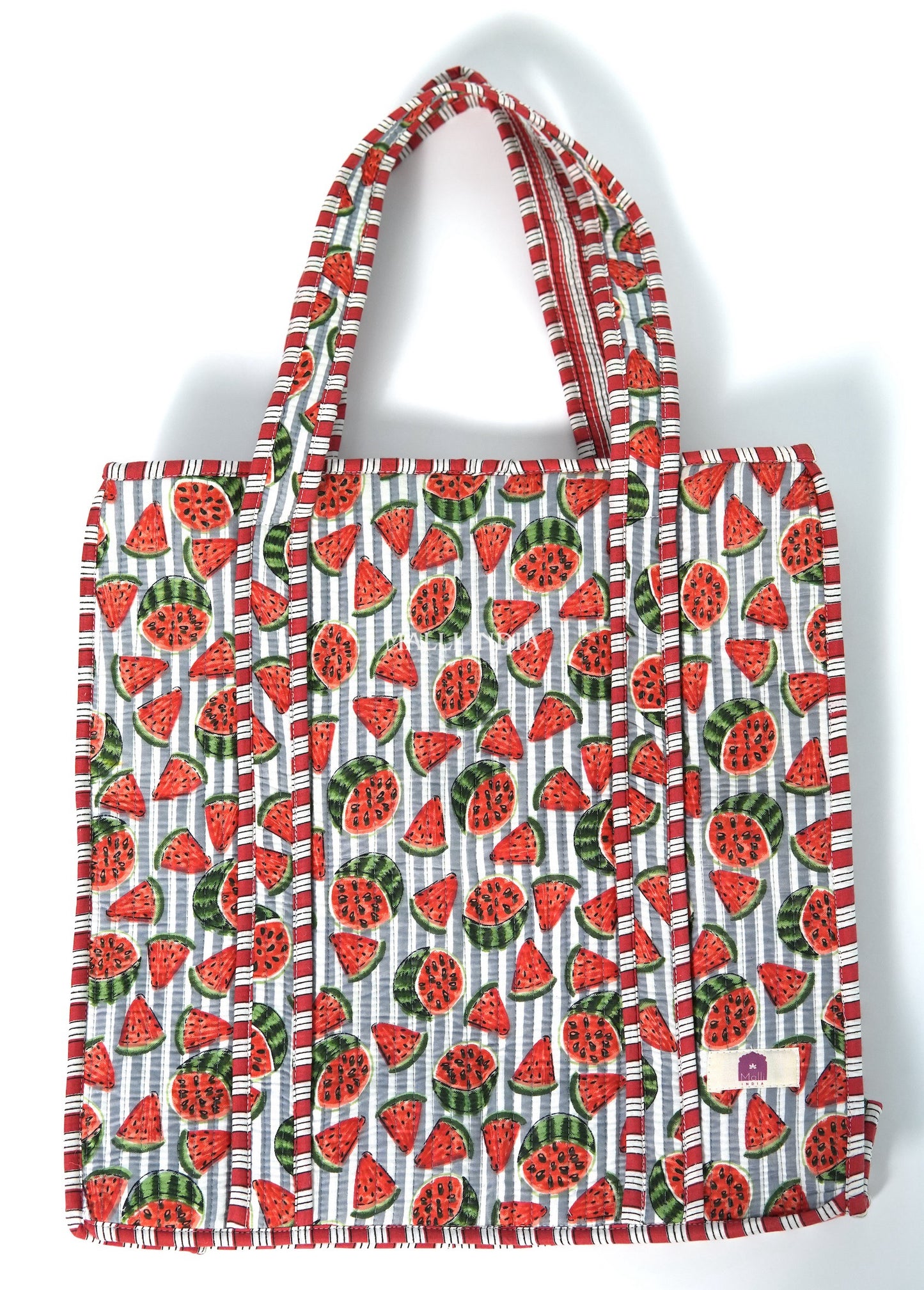 Travel tote bag with zipper closure - Watermelons on grey stripes