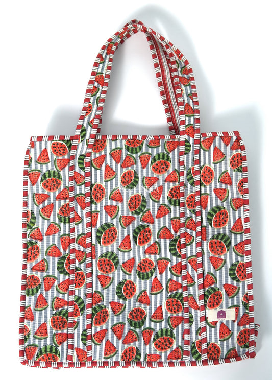 Travel tote bag with zipper closure - Watermelons on grey stripes