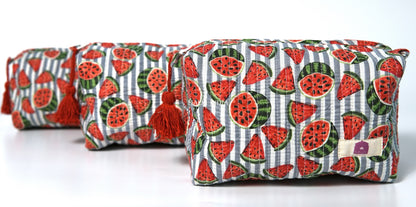 Set of 3 Vanity Pouches - Watermelons on grey stripes