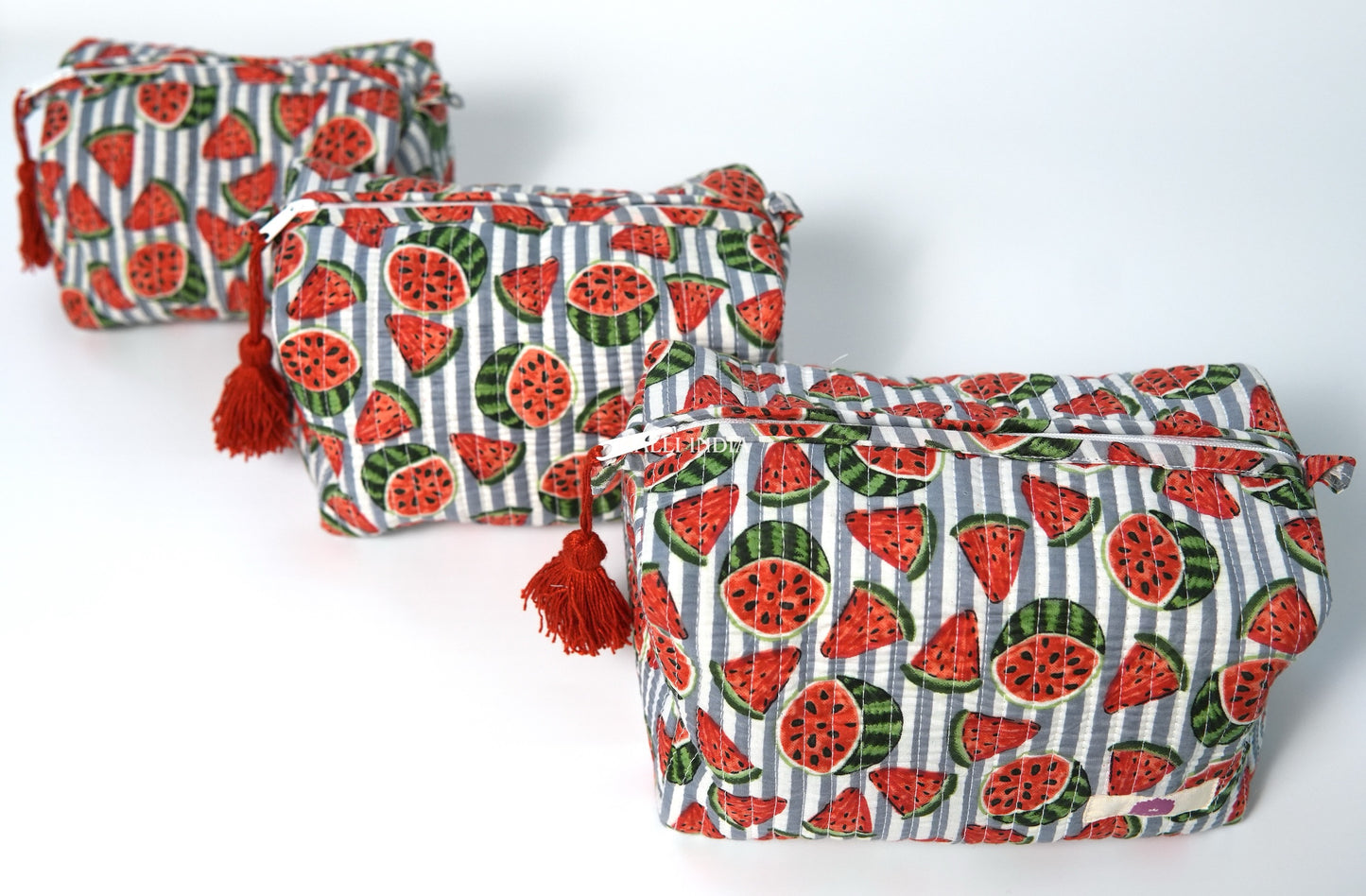 Set of 3 Vanity Pouches - Watermelons on grey stripes