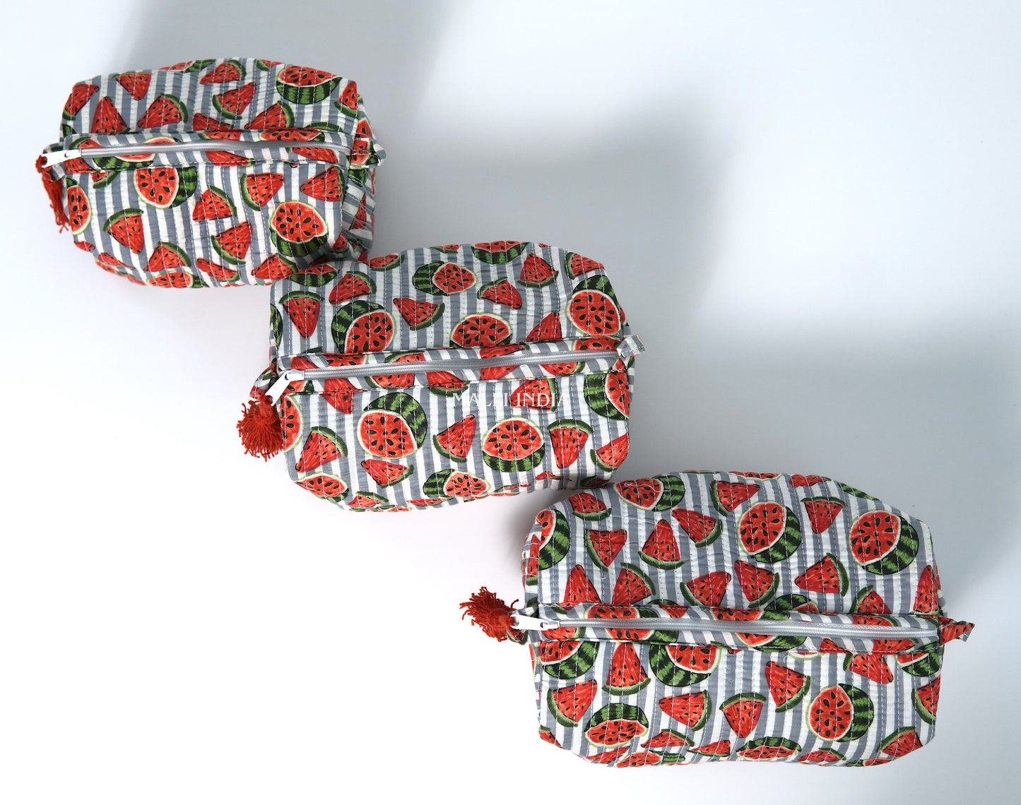 Set of 3 Vanity Pouches - Watermelons on grey stripes