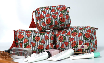 Set of 3 Vanity Pouches - Watermelons on grey stripes