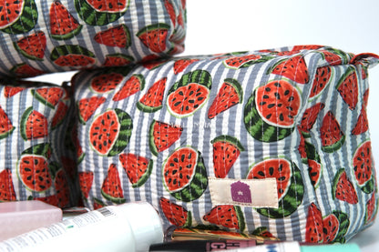 Set of 3 Vanity Pouches - Watermelons on grey stripes