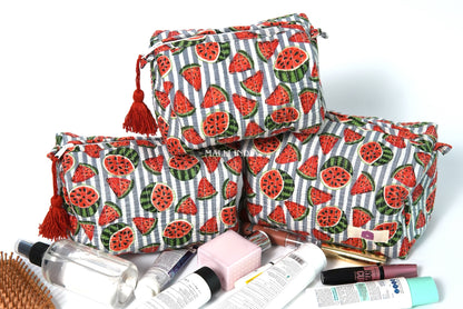 Set of 3 Vanity Pouches - Watermelons on grey stripes