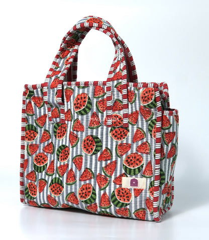 Lunch bag with zipper closure - Watermelons on grey stripes
