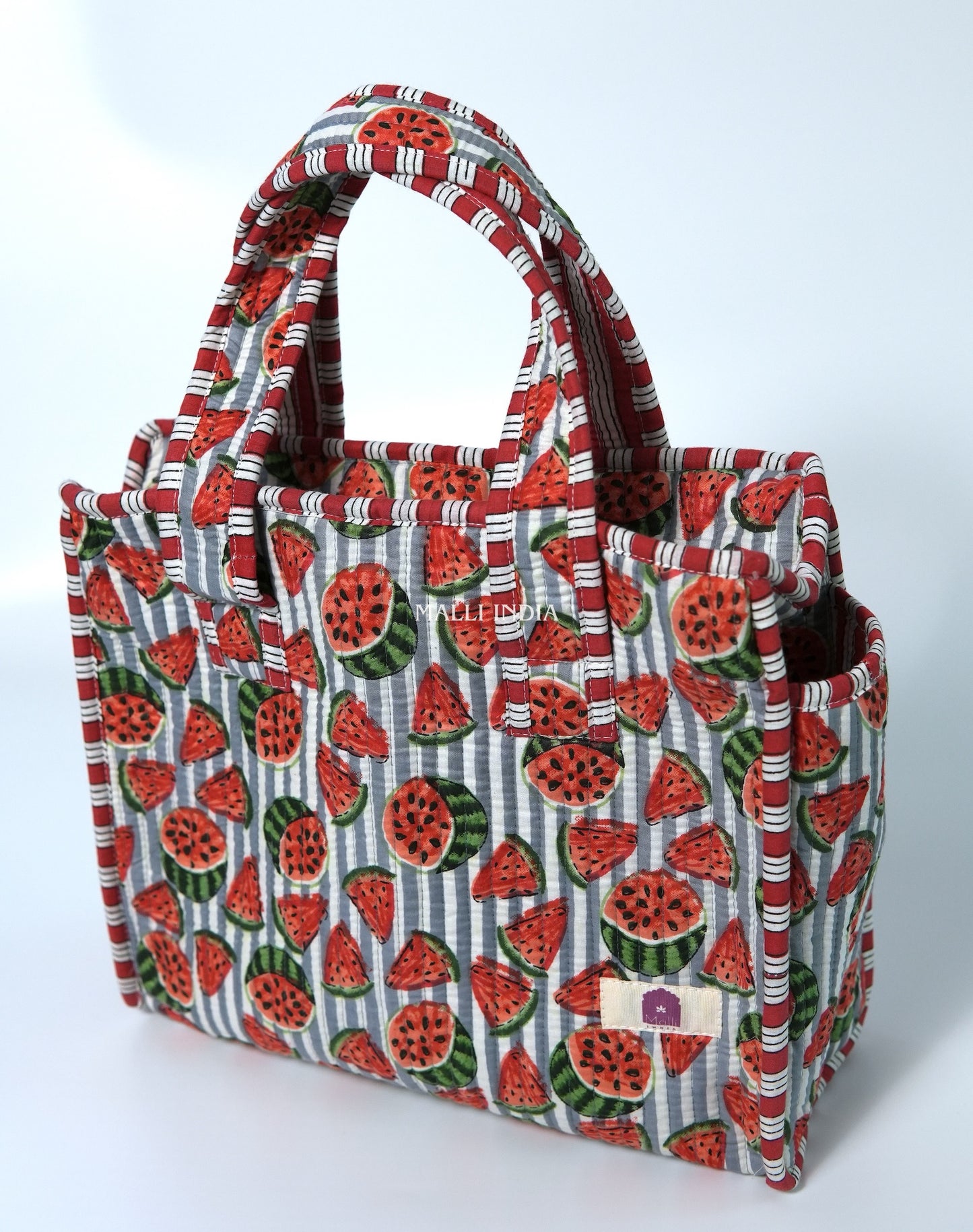 Lunch bag with zipper closure - Watermelons on grey stripes