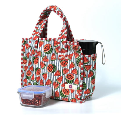 Lunch bag with zipper closure - Watermelons on grey stripes
