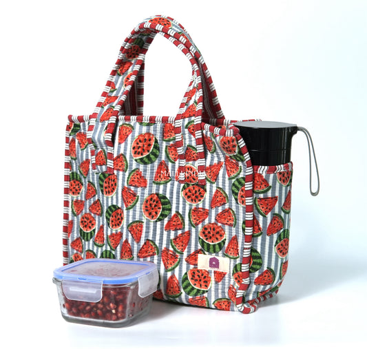 Lunch bag with zipper closure - Watermelons on grey stripes