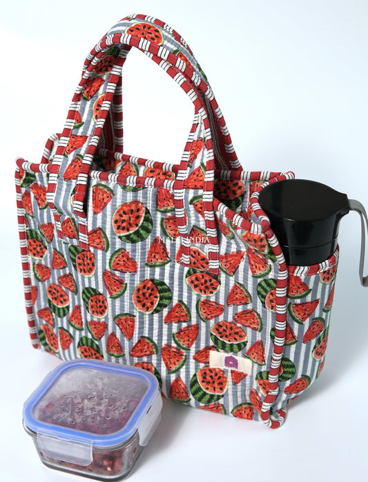Lunch bag with zipper closure - Watermelons on grey stripes