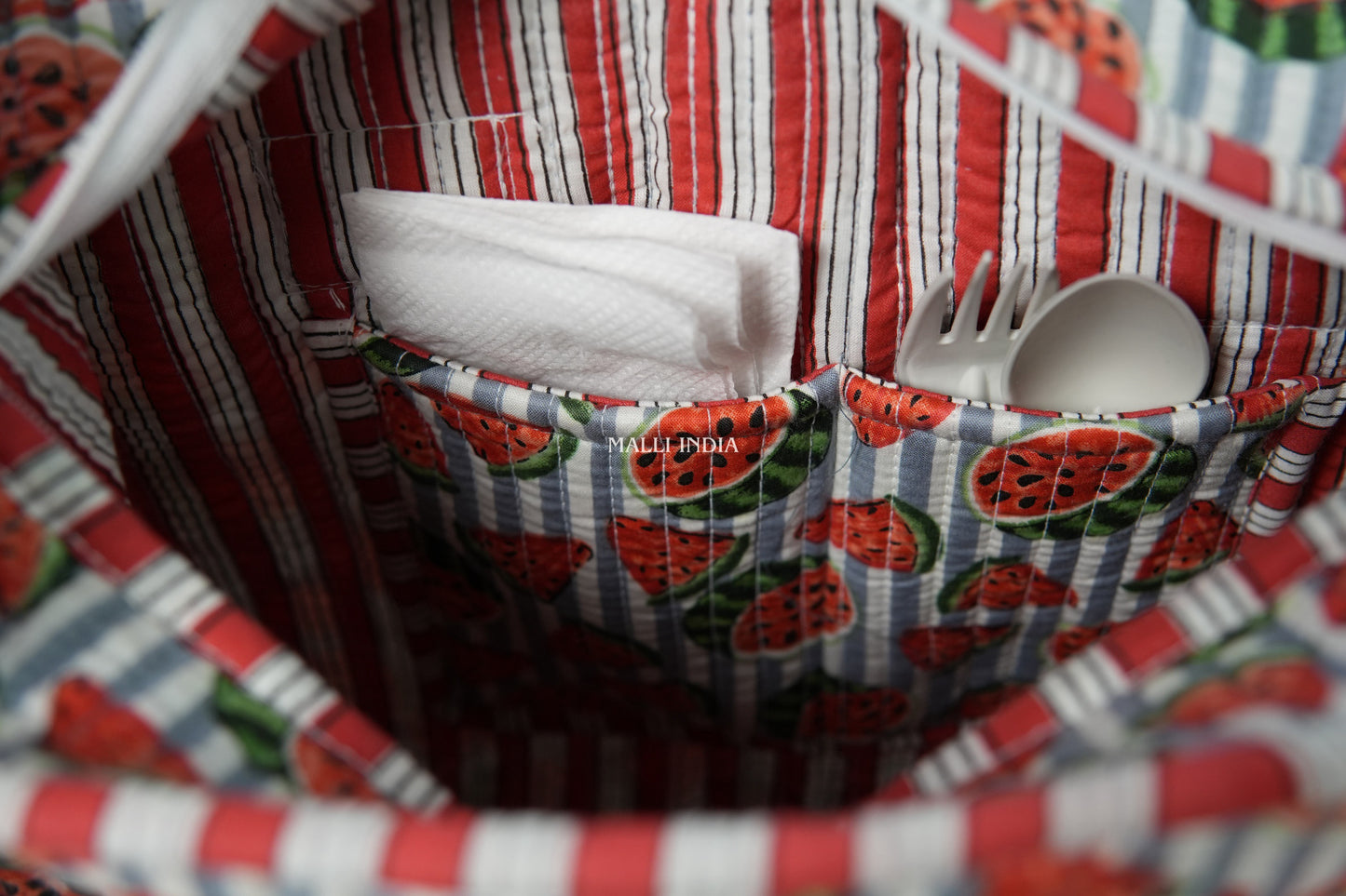 Lunch bag with zipper closure - Watermelons on grey stripes