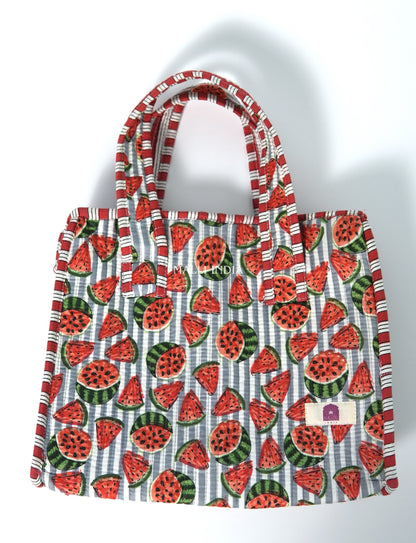 Lunch bag with zipper closure - Watermelons on grey stripes
