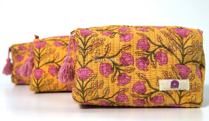 Set of 3 Vanity Pouches - Pink blossoms on yellow