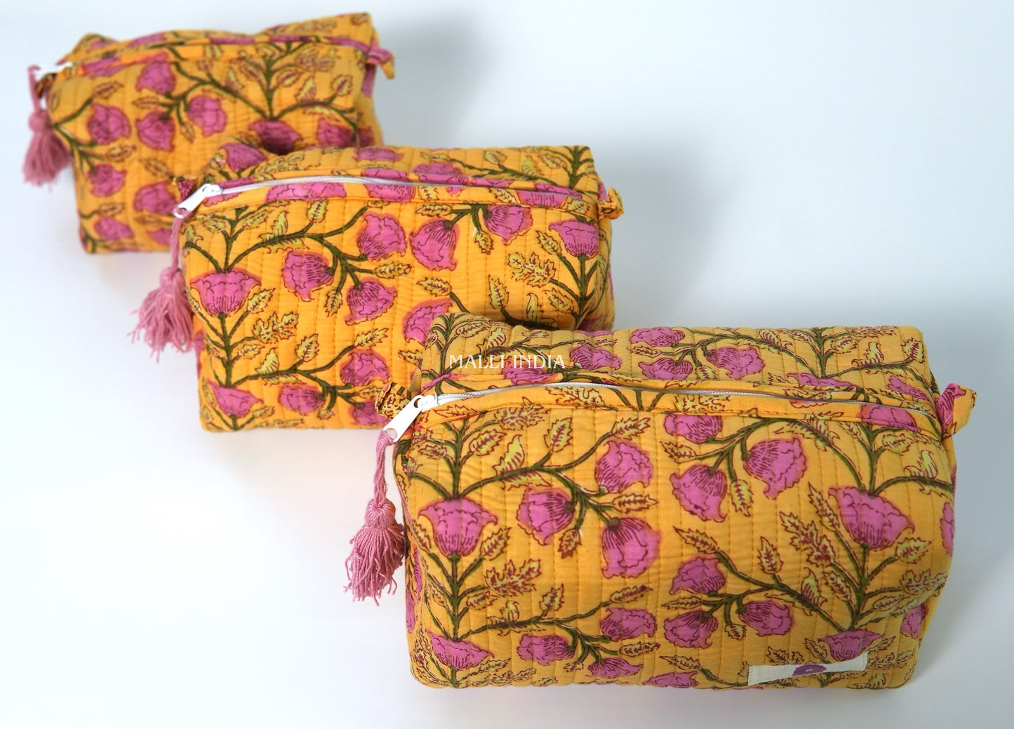 Set of 3 Vanity Pouches - Pink blossoms on yellow