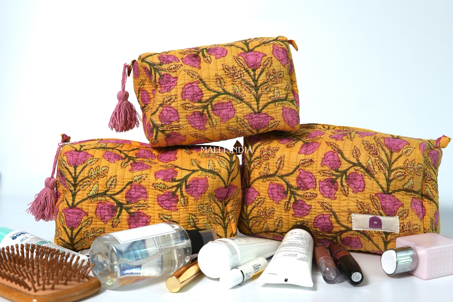 Set of 3 Vanity Pouches - Pink blossoms on yellow