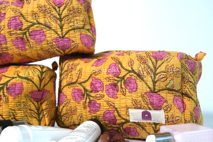 Set of 3 Vanity Pouches - Pink blossoms on yellow