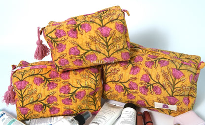 Set of 3 Vanity Pouches - Pink blossoms on yellow