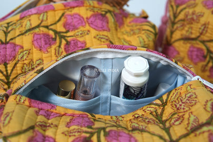Set of 3 Vanity Pouches - Pink blossoms on yellow