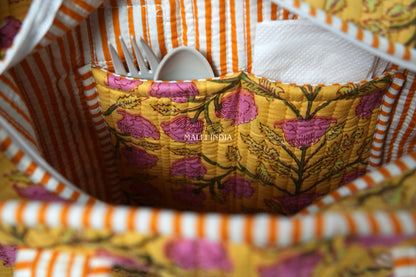 Lunch bag with zipper closure - Pink blossoms on yellow