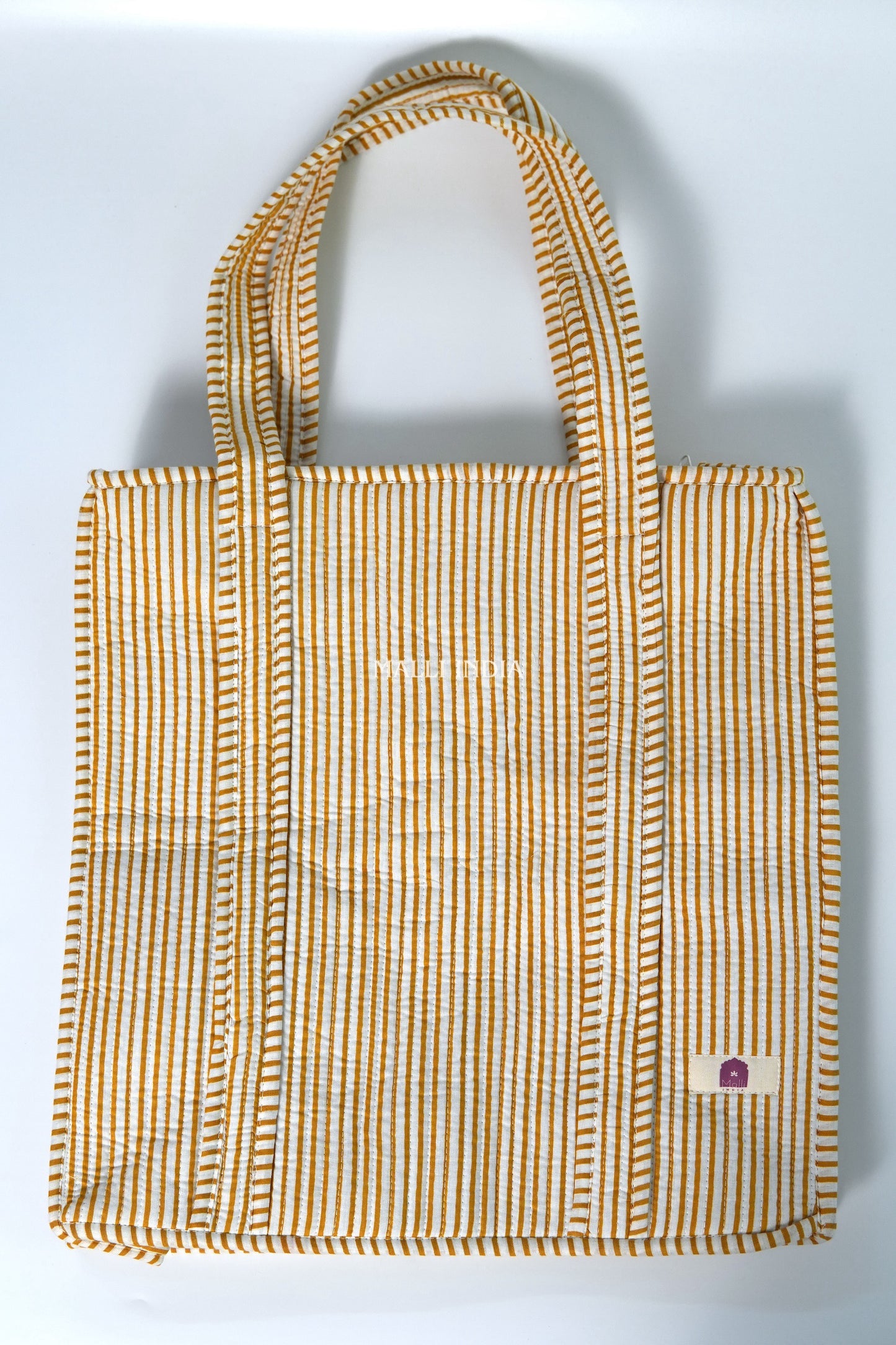 Travel tote bag with zipper closure - Mustard thin stripes