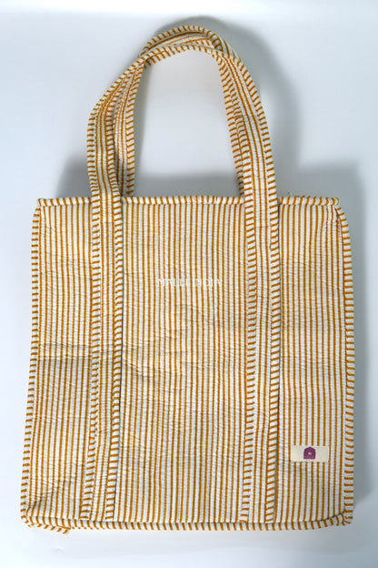 Travel tote bag with zipper closure - Mustard thin stripes