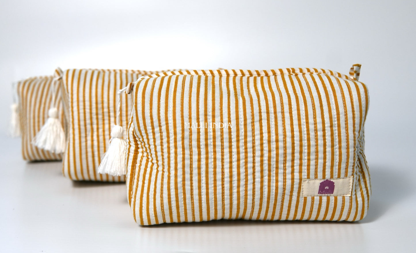 Set of 3 Vanity Pouches - Mustard thin stripes
