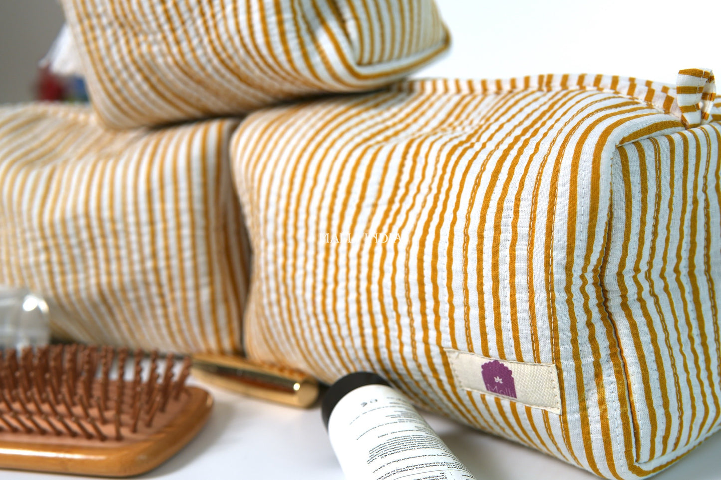 Set of 3 Vanity Pouches - Mustard thin stripes