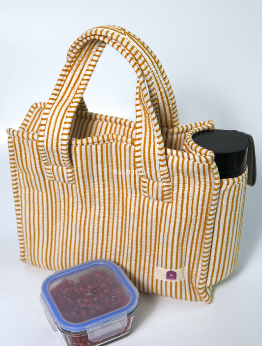 Lunch bag with zipper closure - Mustard thin stripes