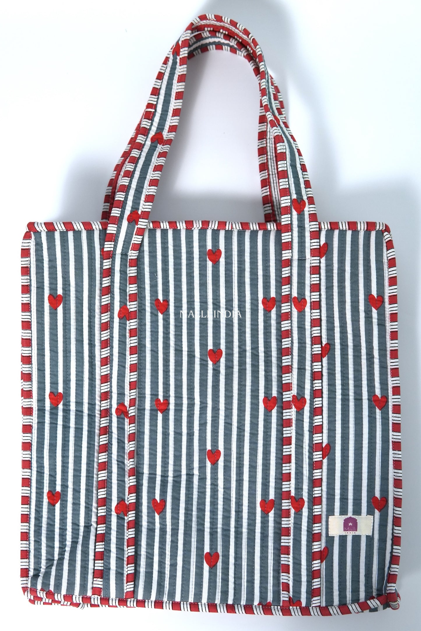 Travel tote bag with zipper closure - Mini hearts on grey stripes