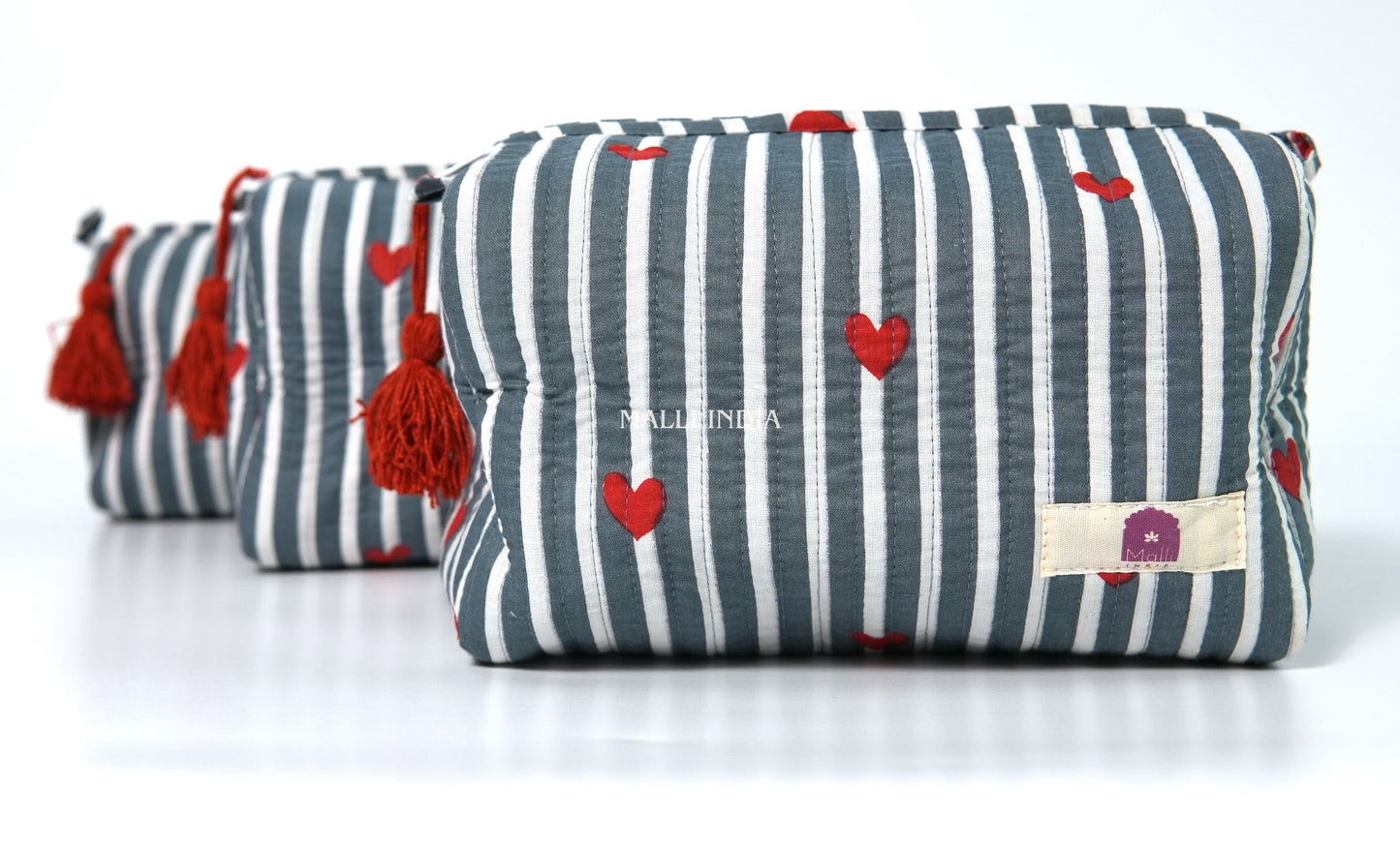 Set of 3 Vanity Pouches - Mini hearts on grey stripes